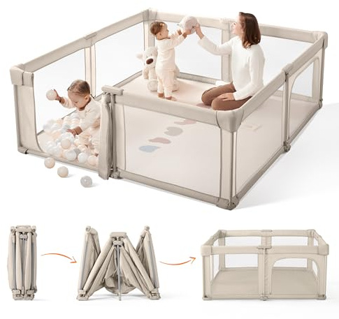 Sweeby Baby Playpen, Foldable Play Yard, Extra-Large Baby Fence for Indoor & Outdoor Use, Safe Playpen for Babies and Toddlers (Beige, 200 x 180 cm)
