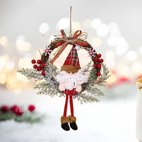 Christmas Wreath, 35 cm Santa Claus Rattan Door Wreath Xmas Decorative, Christmas Tree Ornaments Outdoor Front Door Hanging Pendant, Winter Garland for Wall Window Fireplace Party Holiday Décor
