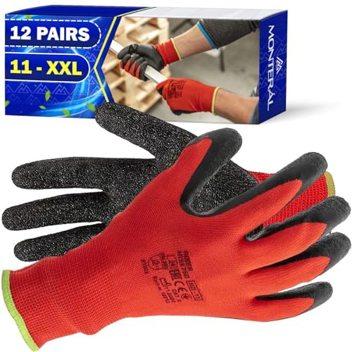 MONTERAL 12 Pares Guantes de Trabajo Talla 11 XXL Protección Cat II Recubiertos de Látex Anti-Slip - Guantes Trabajo Hombre y Mujer Pueden Usarse para Obra Taller Mecanico Jardineria Montaje
