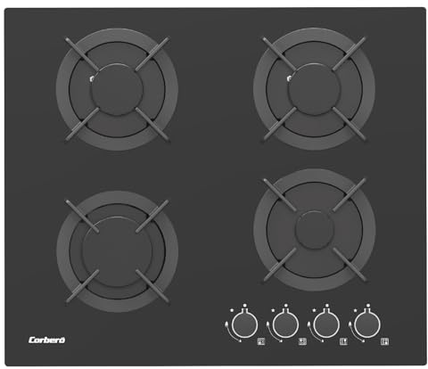 Corberó - Placa Gas Cristal 60cm | CPG406N | 7,2kw | 4 Zonas | Mandos Laterales | Parrilla Hierro Fundido | Sin Marco | Kit conversión| Sin Autoencendido| Desconexión automática | Negro