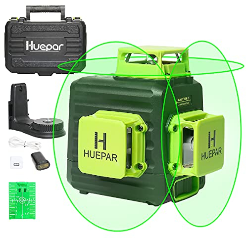 3D Laser Level, Huepar Self Leveling Green Laser Level, 3 x 360 Cross Line Laser, IP54, 10m±3mm, Type-C Charge, Magnetic Bracket, Hand Carry Case