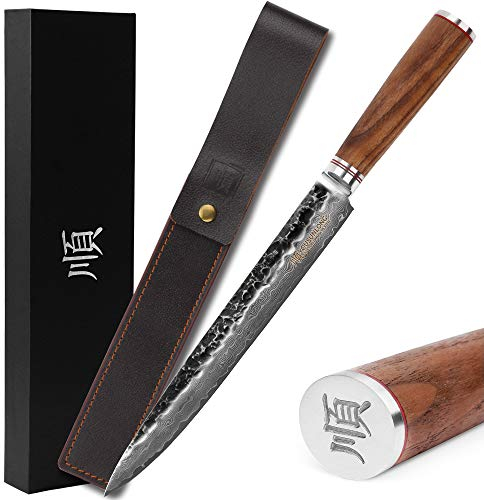 YOUSUNLONG Coltello da intaglio 25,5cm Coltelli da sashimi da - acciaio damasco con impugnatura - legno naturale con fodero in pelle