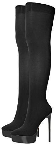 Only maker Damen Plateau Overknees Spitze High Heels Stiefel Stretch Boots Pumps Schwarz 37 EU