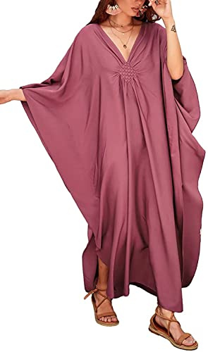 QTUN Kaftan Vestito da Donna Estivo Tinta Unita Maxi Abito da Spiaggia Lungo Kimono Copricostume da Bagno