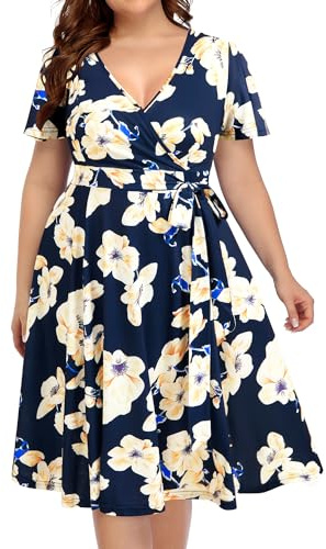 Plus Size Wrap Dress for Women Navy Blue Floral Midi A-Line Short Sleeve Casual Summer V-Neck Wedding Guest Sun Dress