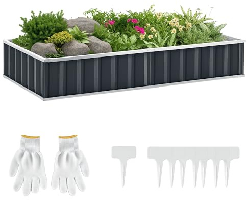 Outsunny Huerto Urbano Arriate de Jardín de Acero Incluye Guantes Jardinera Exterior Rectangular para Cultivos Plantas Flores para Terraza Balcón Exterior 174x90x30 cm Gris