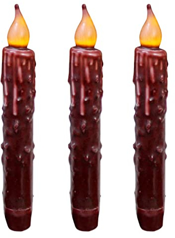 CVHOMEDECO. Äkta vax handdoppade batteridrivna LED timer avsmalnande ljus land primitiva flamlösa lampor dekor, 15,7 cm (6-3/4 tum), vinröd, 3 st i ett paket