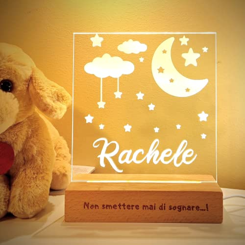 SBUGATTA |Lampada Personalizzata Con Nome |Lampada Notturna Bambino Bambina Neonato |Luce Notturna Personalizzata Bambini |Regalo Battesimo Bimbo Bimba|Regalo Nascita Bimbo Bimba (Luna-Nuvole)