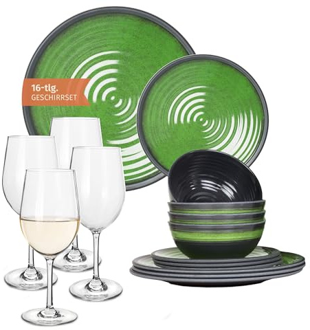 Vaisselle de camping en mélamine pour 4 personnes Vert pierre + 4 verres à vin Tiamo blancs