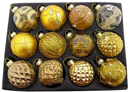 Annastore 12 x Weihnachtskugeln aus Glas hochwertig Ø 8 cm - Christbaumkugeln Vintage - Baumkugeln Glas Vintage - Weihnachtsbaumkugeln hochwertig Glas Farbe Gold