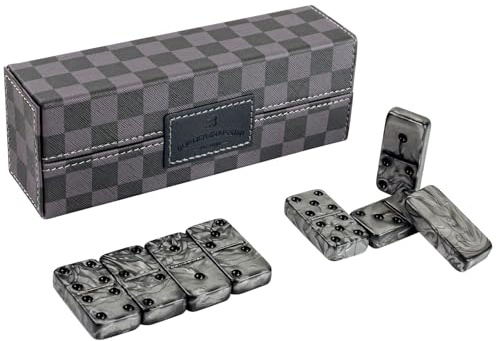 Dominos Set for Adluts - Double 6 Jumbo Domino Set - 28 Thick Marbleized Black and Gray Tiles - Dominoes Set for Adults and Kids, Classic Board Game for Family Nights & Travel (Black & Grey Case)