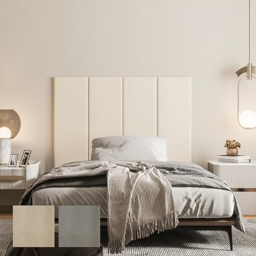 Johnear Bett Kopfteil Wandpolster, Wandpaneele Gepolstert Leder, Pack von 1 3D Wandkissen Selbstklebend, Wasserdicht Wandpolster Kinderzimmer, Akustik Wanddekoration, 90×30cm,Beige