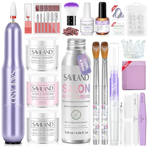 SAVILAND Kit Acrylique Ongle Complet: Poudre Acrylique Clair Rose Blanc, Liquide Acrylique pour les Ongles avec Ponceuse a Ongle Professionel, Base/ Top Coat, Kit les Ongles en Acrylique pour Débutant