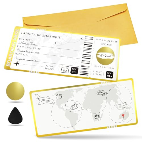 1 Tarjetas de raspado de boletos de viaje con sobres, tarjeta de embarque de raspado personalizada, empaque de regalo de viaje único, boleto sorpresa de raspado y revelación para cumpleaños, novias