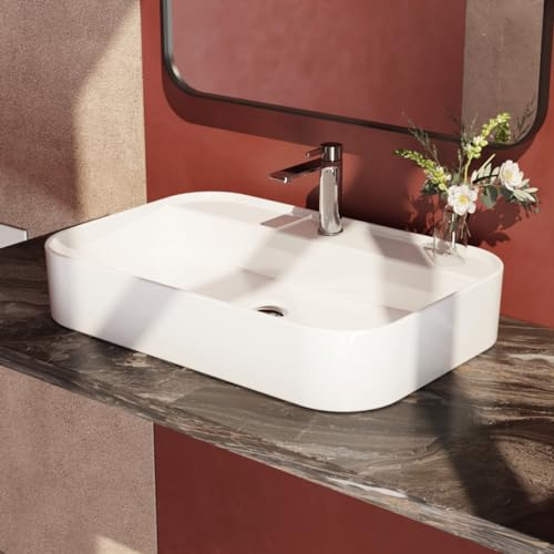 EMKE Lavabo sobre encimera de baño, 60 x 40 x 11 cm, Lavabo de baño rectangular en cerámica Arc, Blanco brillante
