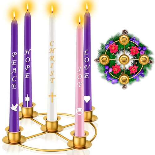 Advent Wreath 5 Candle Holder, Christmas Candle Rings Candle Holder for Tapered Advent Candles, Advent Wreath Ring Table Decoration for Christmas Advent Festival Home Party Church, Gold(No Candles)