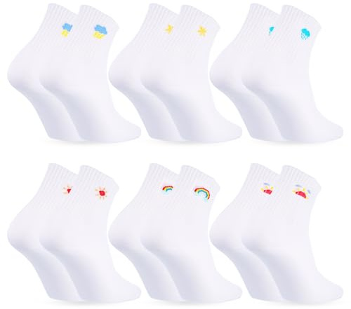 Starvortex 6 Pares Calcetines Deporte Niños, Cómodo Calcetines Tenis Niño 31-34, Suave Transpirable Calcetine Blancos Niña, Lindo Calcetine Deportivos Niño Niña