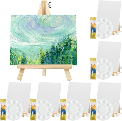 Canvas and Easel Set, Art Painting Set with 78 pcs (6 PCS 9 Wood Easels, 6 Canvas Boards, 6 Palette and 60 Brushes) Painting Supplies kit for Adults & Kids to Painting Party