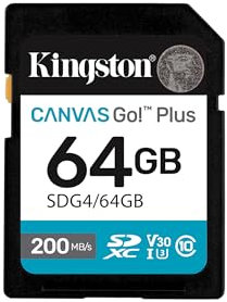 Kingston Canvas Go Plus SDXC Tarjeta de Memoria Gen4 200MB/s C10 UHS-I U3 V30 64GB-SDG4/64GB