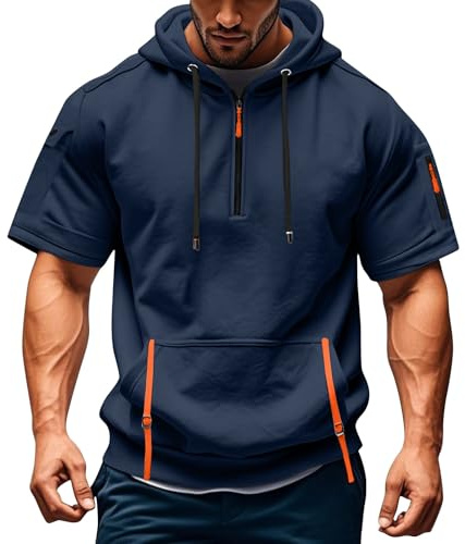 Mens Hoodies Zip Up Short Sleeve Shirts Quarter Zip T-Shirts Gym Hoodie Men Athletic Workout Running Sweatshirt Boxing Gym Clothes Muscle Fit Sleeveless Hoodies Summer Tank Top Mens T Shirt