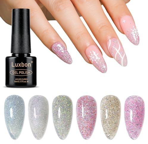 Luxbon 6 st glittrande gelnagellack - vinterfärger - långtidsverkande gelnagellack, UV-ledda Soak Off Nail Art Designs Manikyr Kit 030