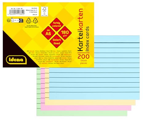 Idena 11384 – indexkort A6, 200 stycken linjerade, lärkort av 180 g/m² FSC-blandat papper i 4 färger, för skola och kontor