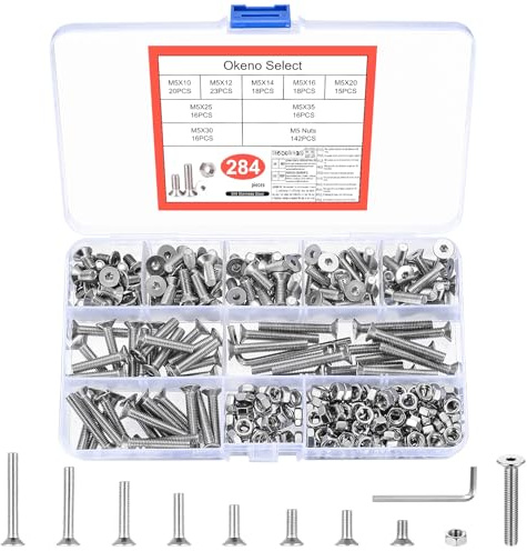 Okeno Select284 Pièces Vis M5 Set, Assortiment Vis à Tête Fraisée Inox, Vis à Tête Cylindre Six Pans Creux avec Écrous, Boulons Machine, Ensemble de Vis Filetées