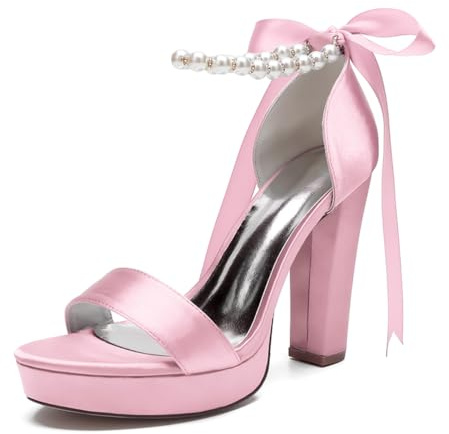YFZBJY Sandalias de tacón Alto de satén para Mujer con Suela Plataforma, Correa de Perlas en el Tobillo y Lazo - Zapatos Elegantes para Bodas y Fiestas,Rosado,38.0 EU