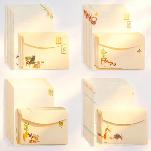 54 PCS Letter Writing Set, 4 Cute Cat Themed Writing Paper and Envelopes Sets, Includes 36 Lined Write Paper and 18 Envelopes, Aesthetic Stationary Set for Greeting Cards, Invitations, Thank You Not