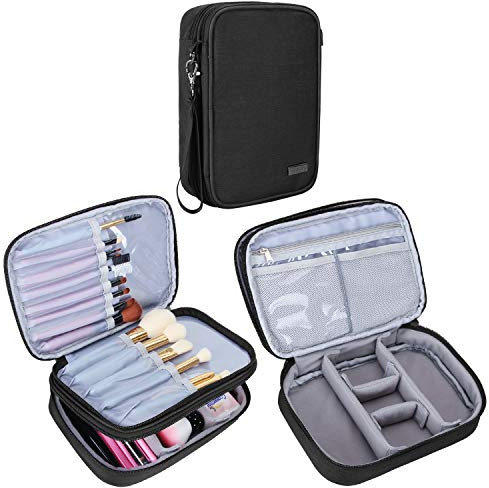Teamoy Travel Makeup Brush Case(up to 8.8), Professional Makeup Train Organizer Bag with Handle Strap for Makeup Brushes and Makeup Essentials-Medium, Black(No Accessories Included)