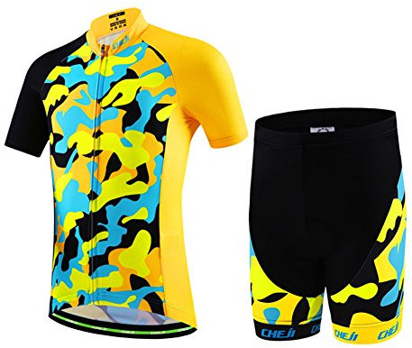 YFCH Kinder Radtrikot Set Jungen Mädchen Fahrrad Trikot Kurzarm + Radhose mit Sitzpolster, Gelb Tarnung, 146(Label: XXL)