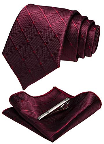 JEMYGINS Herren Hochzeit Krawatten-Set mit Karomuster und passendem Einstecktuch sowie Krawattenklammer - einfarbig in verschiedenen Farben erhältlich Weinrote Linien sind auch rot