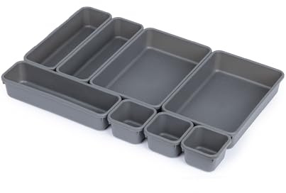 LIVIVO 8pc Interlocking Drawer Organiser and Dividers Plastic Desk and Drawer Trays Ideal for Separating Make-Up, Clothing, Jewellery and Uncluttered Storage (Grey)