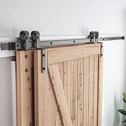 SMARTSTANDARD 9 Feet Bypass Sliding Barn Door Hardware Kit - for Double Wooden Doors-Single Track - Smoothly & Quietly - Easy to Install-Fit 96 Opening