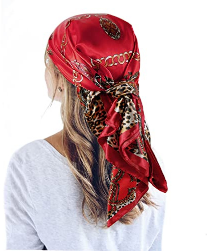 QBSM - Bufanda grande cuadrada de satén de 35 pulgadas para la cabeza, bufanda de sensación sedosa para el cuello, envoltura para el cabello y para dormir, pañuelo ligero para mujer, Rojo leopardo