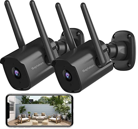 Septekon Security Camera Outdoor CCTV Camera 2 Pack, 2K Dual Antenna WiFi Home Surveillance Cameras with IP66 Waterproof, Night Vision, AI Motion Detection, 2-Way Audio, Black