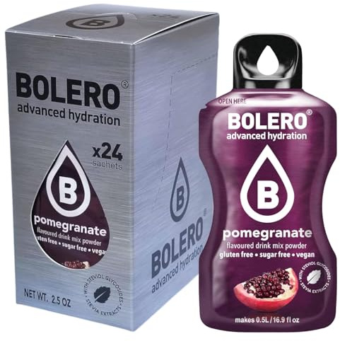 Bolero Drink 24 Bolsitas 3 gr gramos Palos Frutas Preparado Polvo Soluble Para Bebidas Frescas en Agua Producto, 72 gramos endulzado con stevia (Pomegranate)