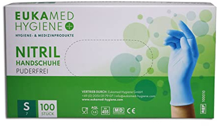 Eukamed Hygiene GmbH Nitril Handschuhe S, 100 Stück, puderfrei, latexfrei, hypoallergen, Lebensmittelhandschuhe, medizinische Einweghandschuhe (Pack á 100 Stück)(Größe S)