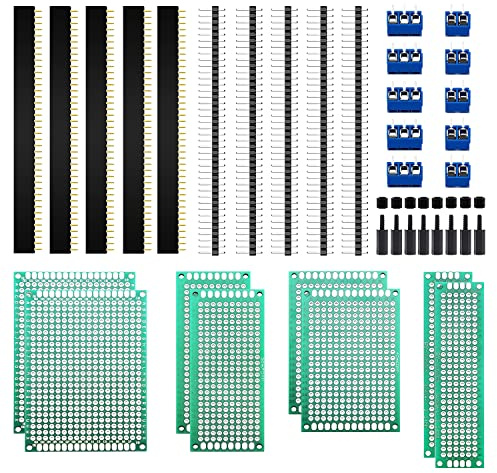 VooGenzek 36 ST PCB Board Kit, Inkluderar 8 ST dubbelsidig PCB Board Prototyp Kretskort, 10 ST Hane/Kvinna Header Connector, 10 ST 2/3Pin skruvterminal, 8 ST Nylonkolonn