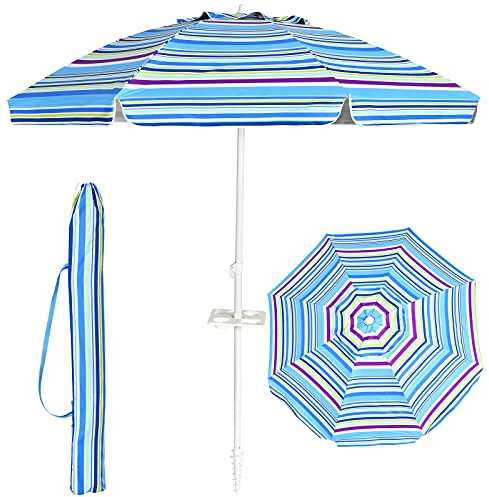 KOMFOTTEU Parasol de Plage 200 cm avec Porte-gobelet et Sac de Transport, Rond et Ajustable de Deux Côtés à 30°, pour Terrasse, Balcon, Jardin (Rayures Bleu Clair)