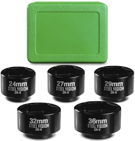 Steel Vision 5-Piece 3/8 Drive Low Profile Oil Filter Socket Set, Metric 24mm, 27mm, 29mm, 32mm, 36mm, Chrome Vanadium Steel, 6-Point Design, Laser-Etched Markings (Upgraded Style)