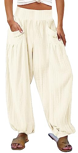 Pantalon harem en lin de coton pour femme - Style hippie - Jambes larges - Coupe palazzo - Décontracté - Léger - Pour l’été - Pour la plage - Pantalon de yoga - Ajustement ample - Taille haute - Avec