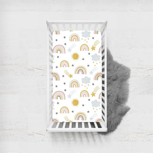 Odot Spannbettlaken für Kinderbett, Kinderwagen Kleinkind Matratzenbezug, Babybett/Beistellbett Spannbetttuch Stubenwagen Bezug, Passform durch Rundum-Gummizug (Boho Regenbogen B,70x140cm)
