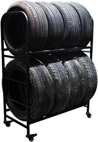 HACSYP Support de Stockage de pneus, Support de Pneu Robuste, Support de Pneu Roulant en métal à 2 Niveaux avec 4 Roues, for intérieur/extérieur/Atelier/abri de Voiture, Facile à Assembler