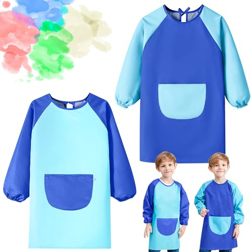 Sprinlot 2 Stück Malschürze Kinder, Malkittel Kinder 5–11 Jahre, Wasserdicht Malerschürze Bastelschürze, Kleinkinder Kunstkittel, Blau Malerkittel mit Lange Ärmel für Junge Schule Kunst Malerei
