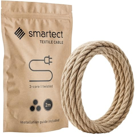 smartect Cavo Elettrico Tessile intrecciato (3 x 0.75mm²) Juta, 2 Metri | Filo Elettrico Tripolare, Vintage, Cavo Elettrico Rivestito in Tessuto per Fai da Te