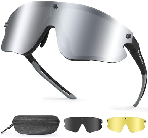 Odoland Fahrradbrille Magnetische mit 3 Magnetische Wechselgläser ink. grauer polarisierter Gläser Sport Sonnenbrille UV400 Schnelle brille für Herren Damen Sportbrille Fahrrad, Angeln, Laufen Silbrig