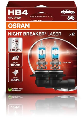 OSRAM NIGHT BREAKER LASER HB4, 150% mer ljusstyrka, halogenstrålkastare, 9006NL-2HB, 12V, Hängande hopfällbar låda (2 lampor)