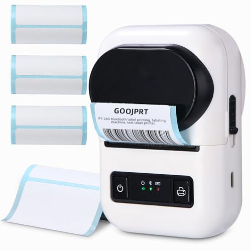 Etikettendrucker mit 4 Rolle Starterband, Etikettendrucker Bluetooth, Selbstklebend Etikettiergerät, Tragbarer Label Printer, Labeldrucker für Barcode, Einzelhandel, kompatibel with Ios & Android