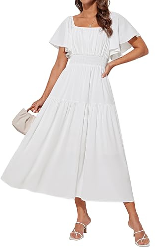 GRACE KARIN Women's Elegant Summer Chiffon Dresses Short Sleeve Long Dress | Hits below mid-calf,Short flounce sleeves,Square neck,Smocked Waist,Party,Wedding